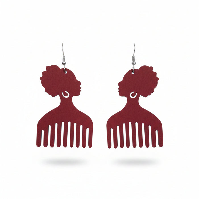 Afro Pick Silhouette Wooden Dangle Earrings