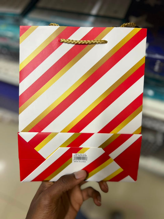 Red and Gold Diagonal Striped Gift Bag (31 × 32 × 10 cm)