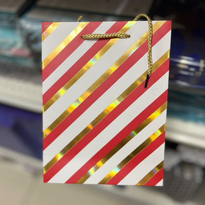 Red and Gold Diagonal Striped Gift Bag (31 × 32 × 10 cm)