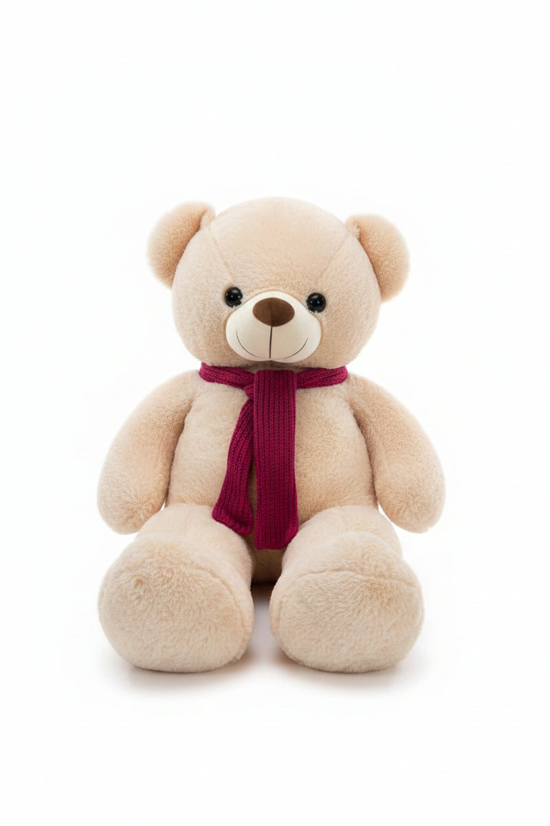 Plush Beige Teddy Bear with Knitted Magenta Scarf