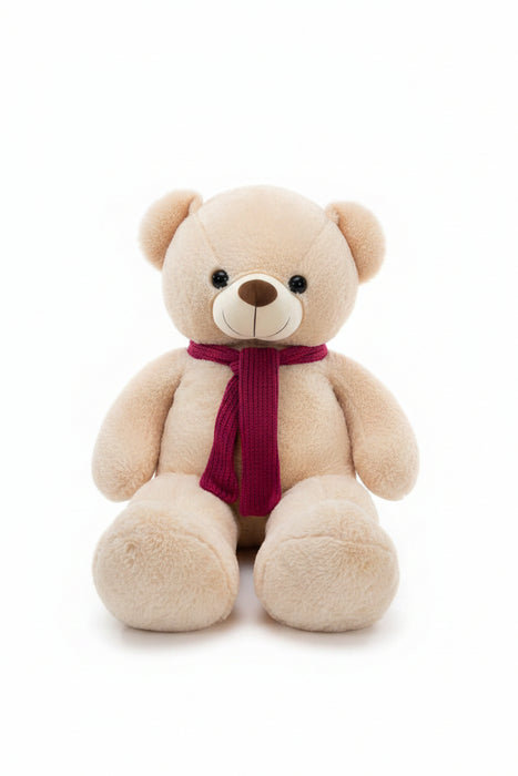 Plush Beige Teddy Bear with Knitted Magenta Scarf