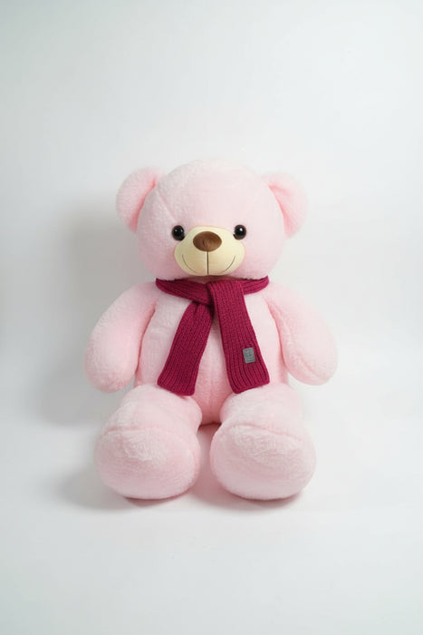 Plush Pink Teddy Bear with Knitted Magenta Scarf