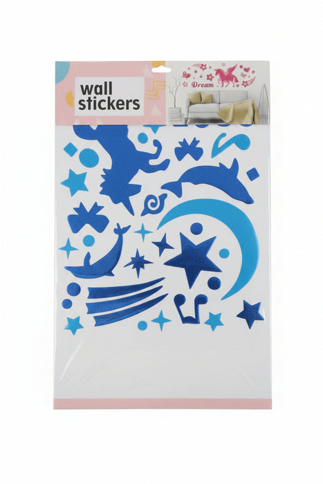 Blue Metallic Moon, Stars & Dolphins Wall Sticker Sheet A2