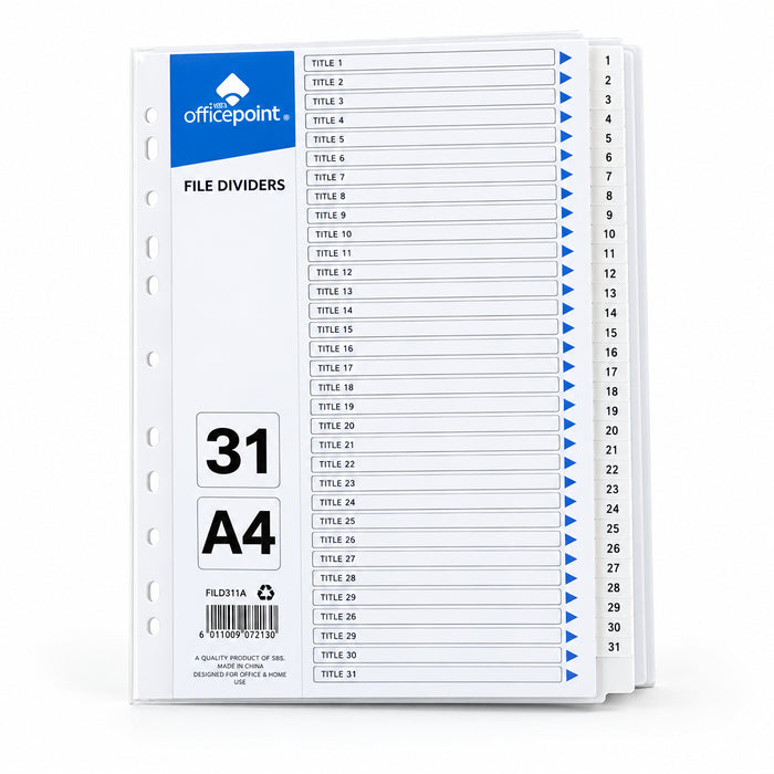 Office Point 1–31 Numeric Plastic File Dividers (Model FILD31A)