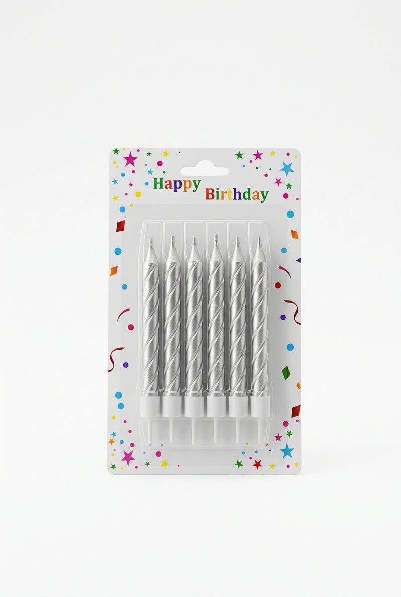 Happy Birthday Silver Spiral Candles (6 pieces)