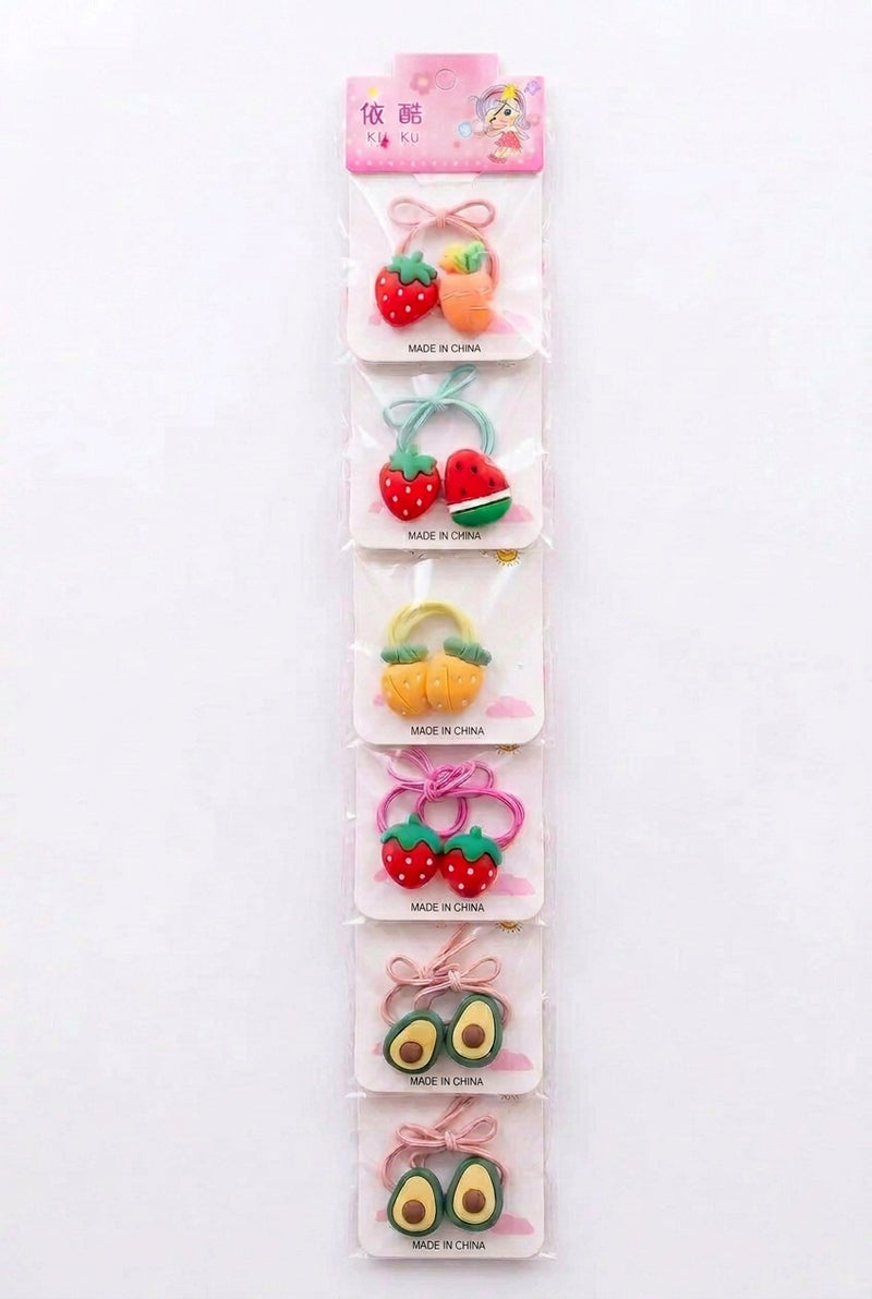 Pair Kids 3D Fruit & Vegetable Elastic Hair Ties Set 6