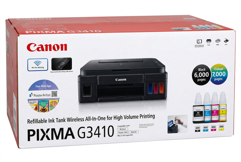 Canon PIXMA G3410 Refillable Ink Tank Wireless All-In-One Printer.
