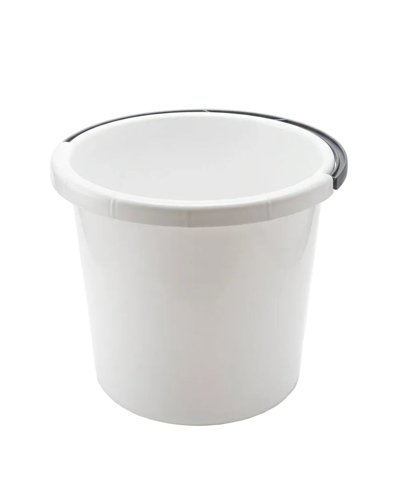 Round white plastic utility bucket with a black carrying handle 20L