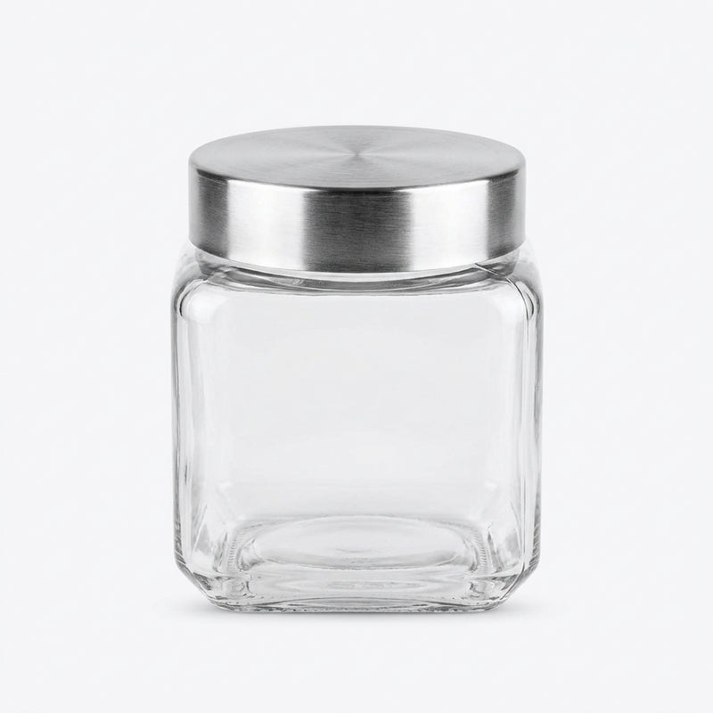 Square Clear Glass Storage Jar with a Brushed Stainless Steel Screw-Top Lid 500ML