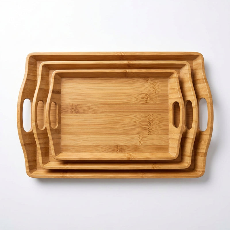 3-Piece Wooden / Bamboo Nesting Serving Tray Set with Cutout Handles