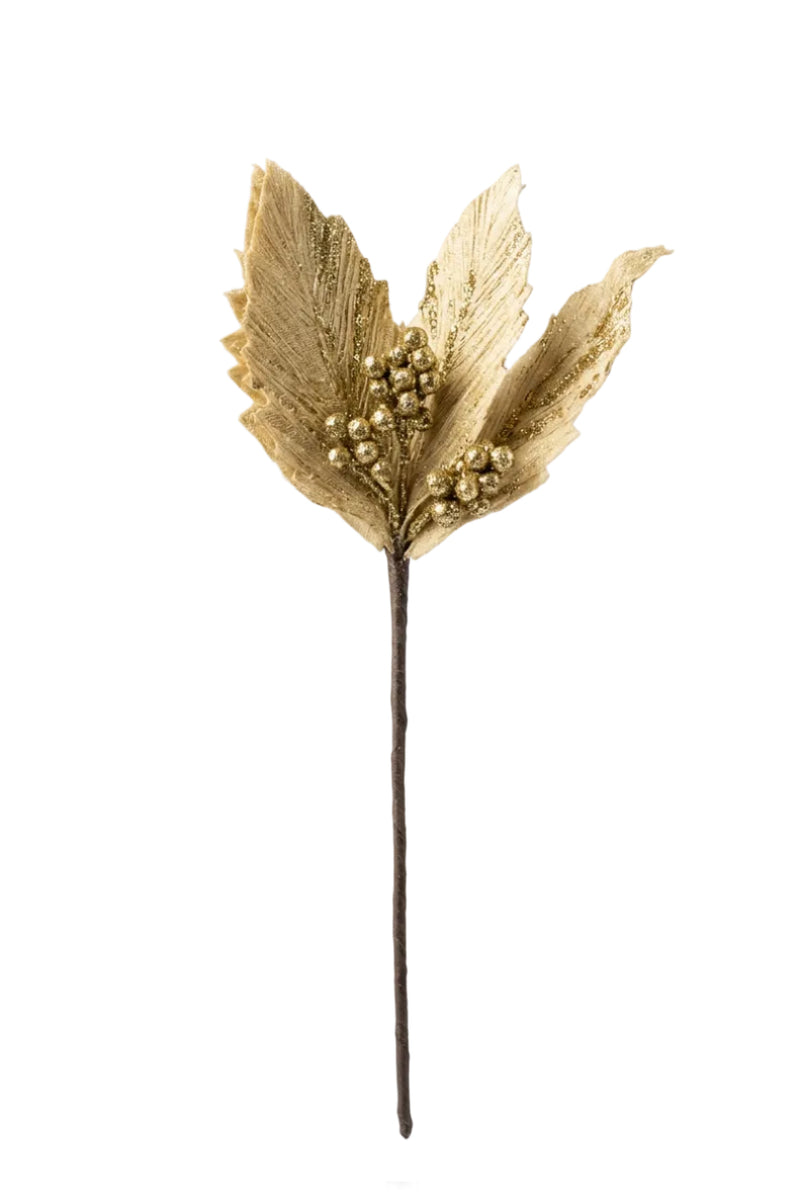 Gold Glitter Artificial Leaf & Berry Christmas Pick