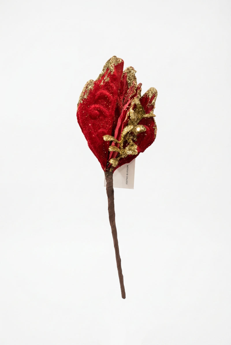 Red & Gold Velvet Floral Christmas Pick