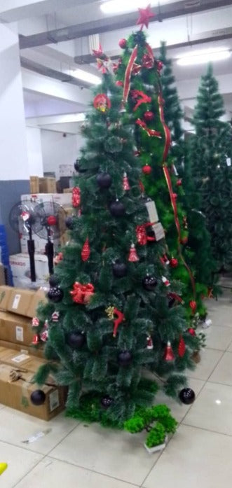 Decorated Green Christmas Tree with Red & Black Ornaments 2.30M