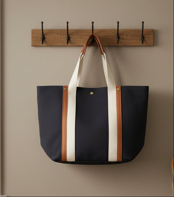 Chloé Canvas Tote Bag with Leather Details – Navy Blue & Brown