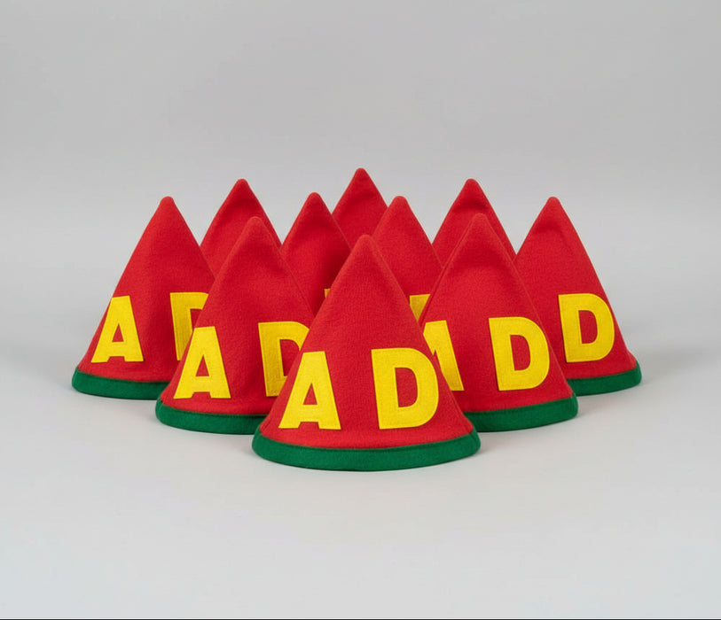 Red & Green Felt Christmas Hat with Yellow "AD" Letters