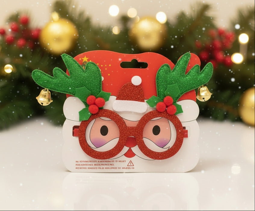 Red Glitter Christmas Glasses with Green Antler Design