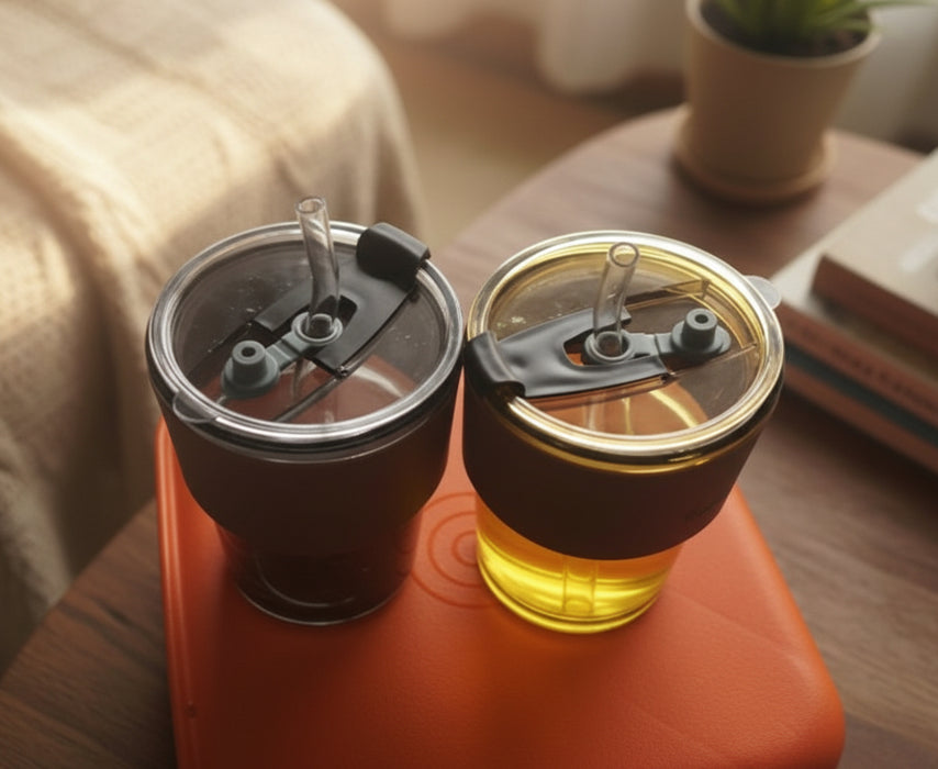 Double-Layer Transparent Drink Cups with Straw & Grip