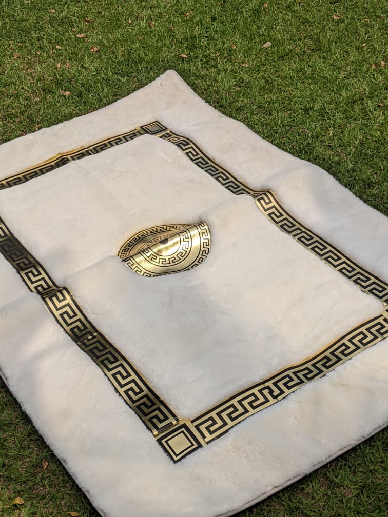 White & Gold Faux Fur Versace-Style Rug with Greek Key Border
