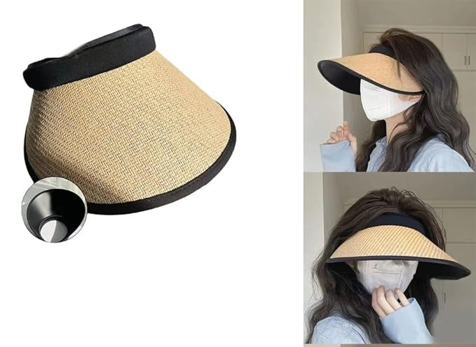 Wide-Brimmed Straw Sun Visor Hat with Black Trim