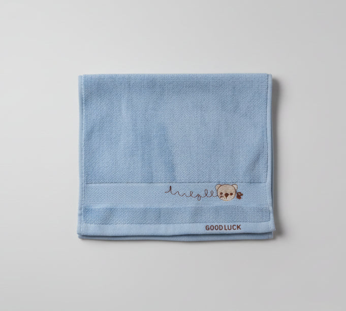 Blue Cotton Face & Hand Towel with Cartoon Bear Embroidery – “GOOD LUCK”
