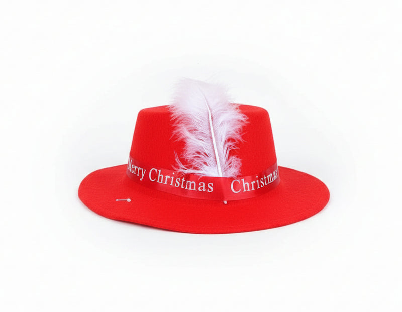 Festive Red “Merry Christmas” Party Hat with White Feather