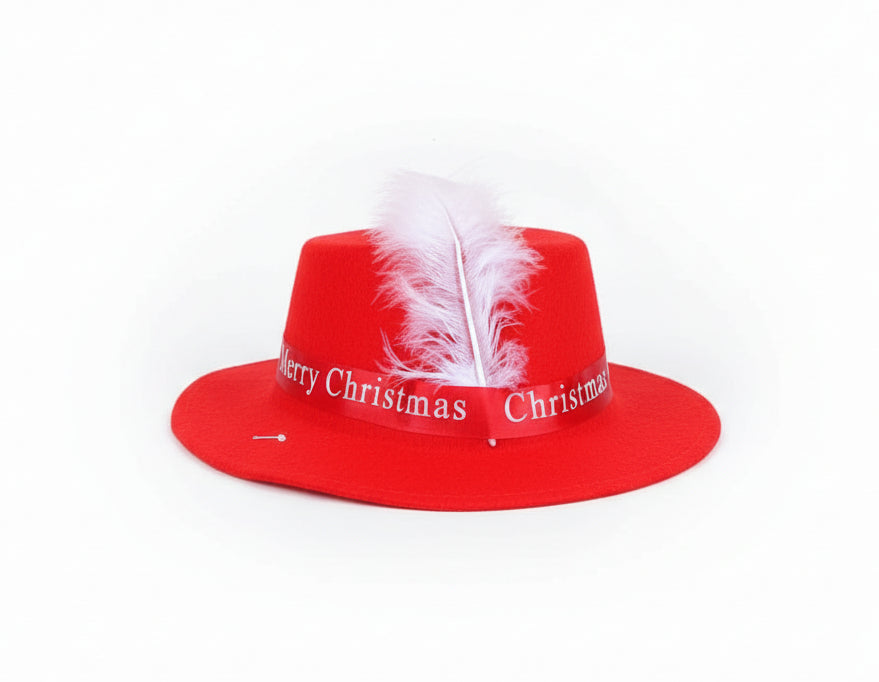 Festive Red “Merry Christmas” Party Hat with White Feather