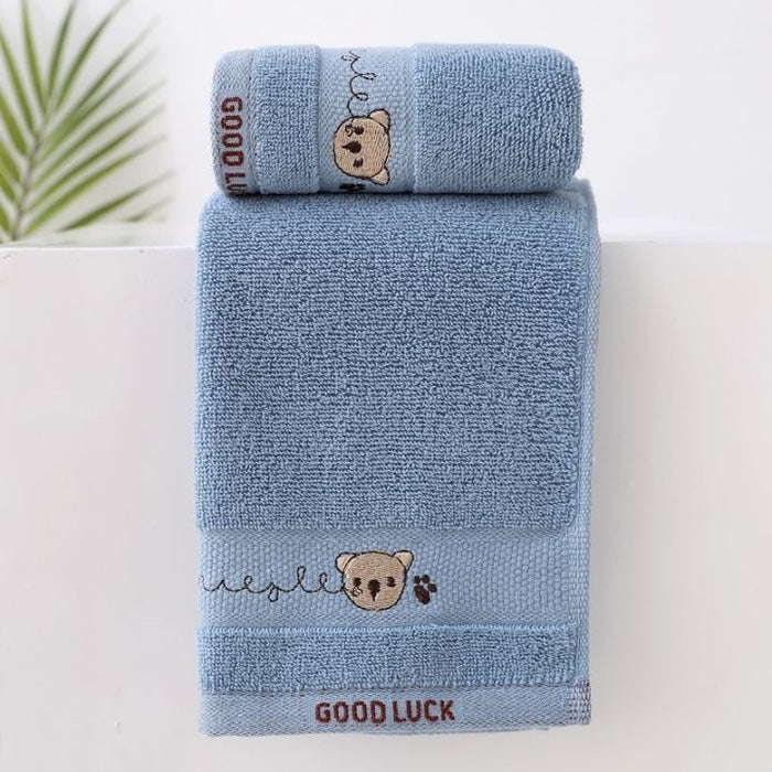 Blue Cotton Face & Hand Towel with Cartoon Bear Embroidery – “GOOD LUCK”