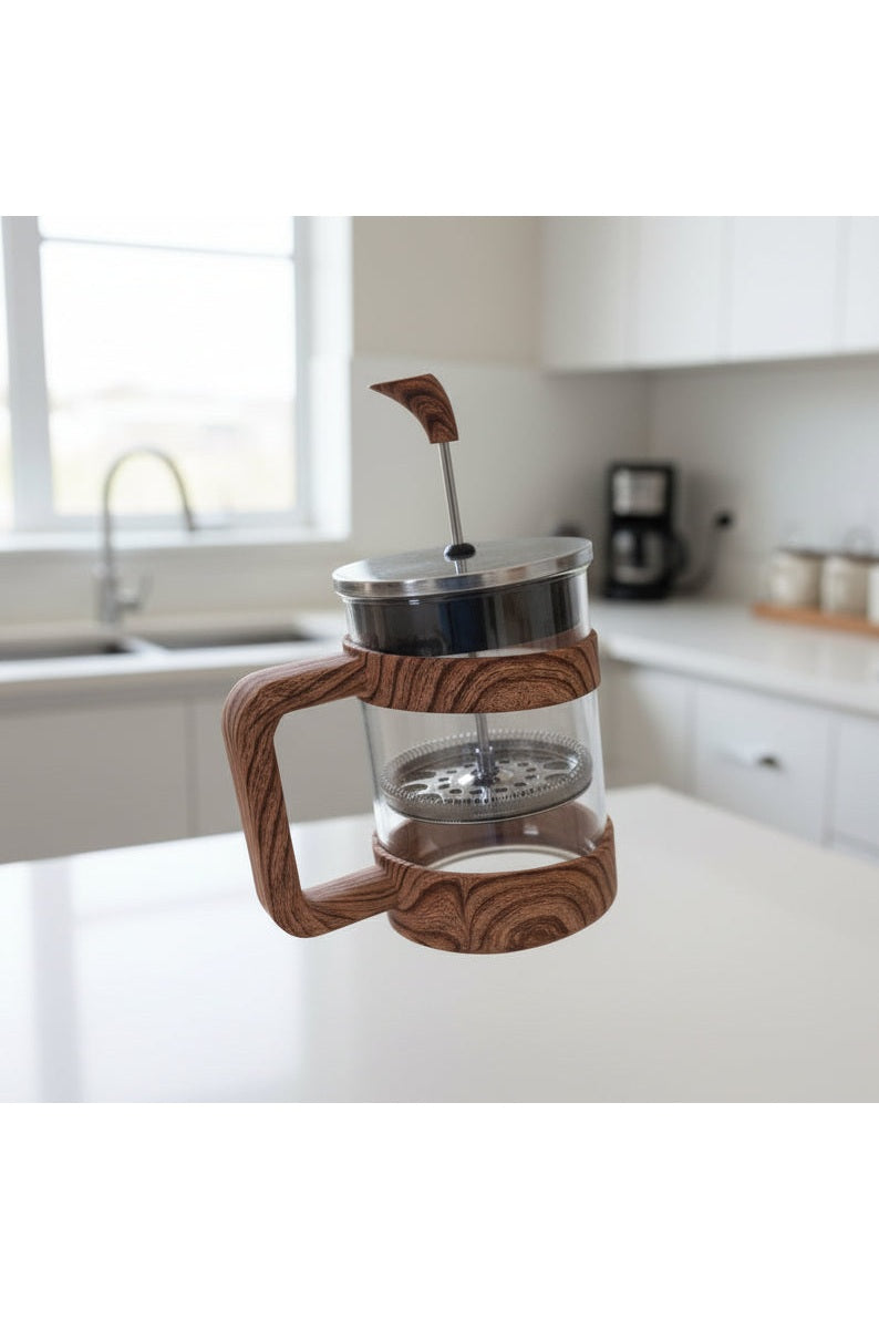 Wood-Grain French Press Coffee Maker – Borosilicate Glass Immersion Brewer