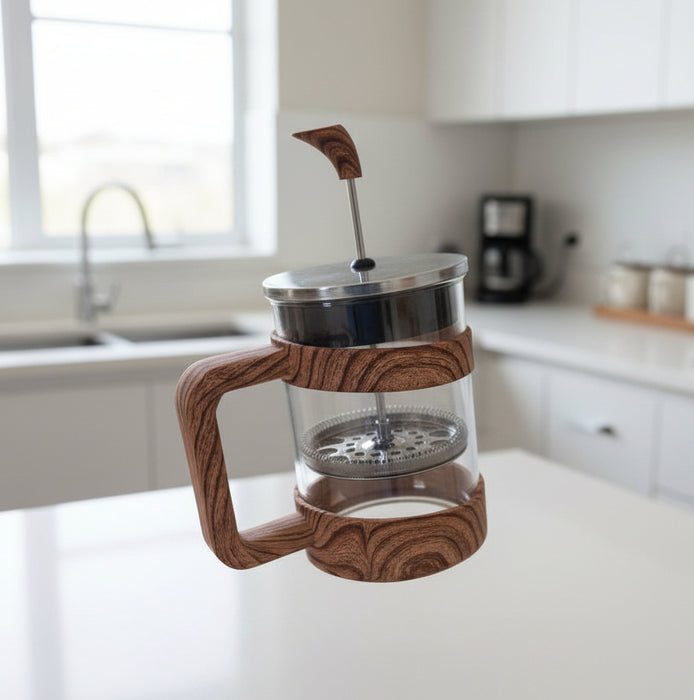 Wood-Grain French Press Coffee Maker – Borosilicate Glass Immersion Brewer