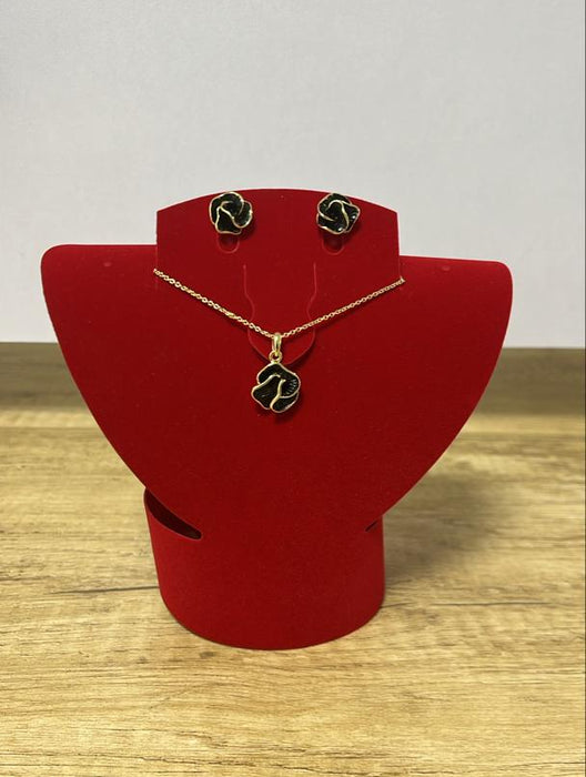 Welady Gold-Plated Rose Flower Necklace & Earrings Set with Black Enamel