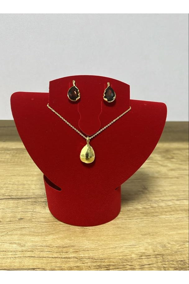 WELADY® Gold-Toned Necklace & Earrings Set with Red Garnet Teardrop Pendants