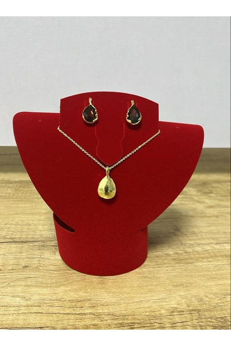 WELADY® Gold-Toned Necklace & Earrings Set with Red Garnet Teardrop Pendants