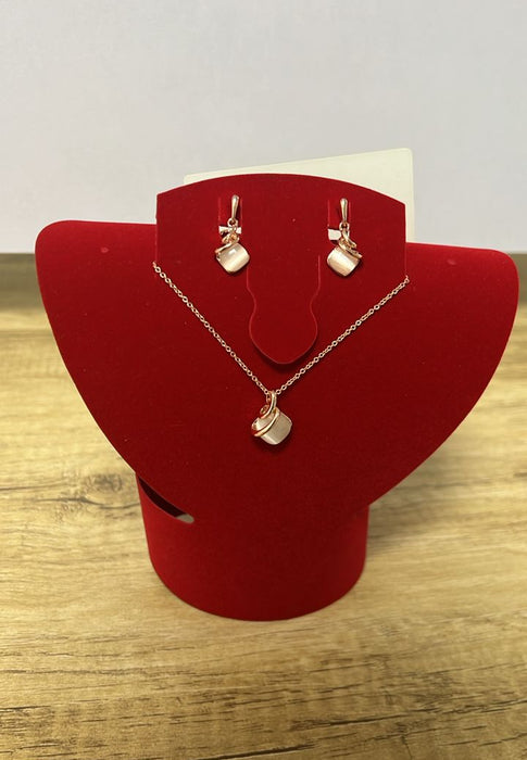 Welady Rose Gold-Toned Necklace & Earring Set with Square Pink Stone Pendants