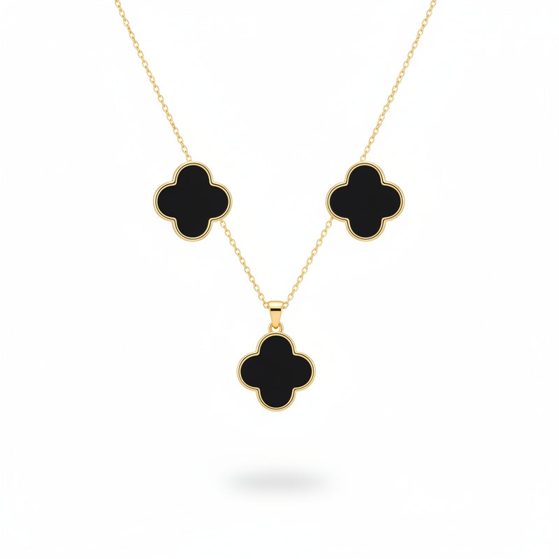 Viennois Gold-Plated Four-Leaf Clover Necklace & Earrings Set with Black Enamel Accents