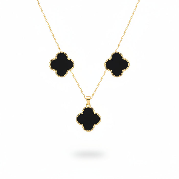Viennois Gold-Plated Four-Leaf Clover Necklace & Earrings Set with Black Enamel Accents