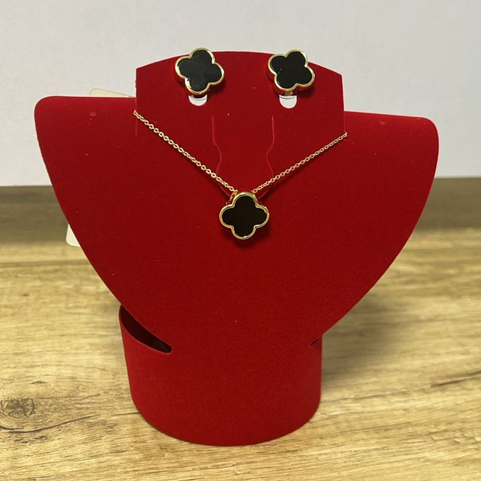 Viennois Gold-Plated Four-Leaf Clover Necklace & Earrings Set with Black Enamel Accents