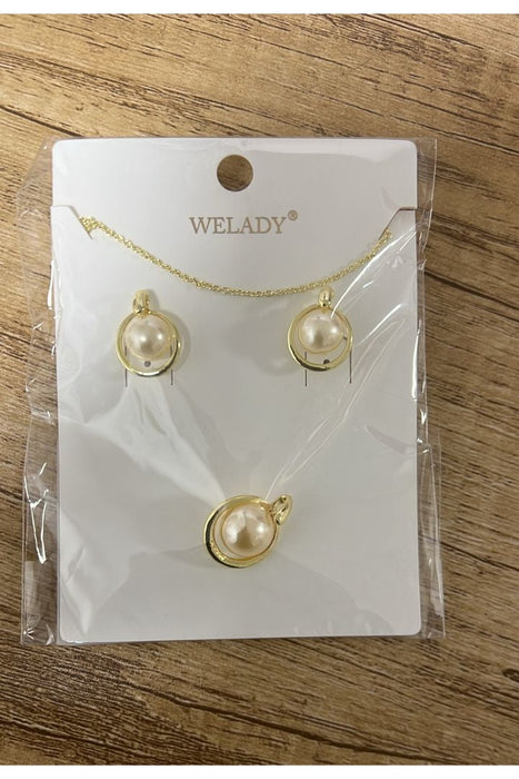WELADY Gold-Tone Pendant Necklace & Stud Earrings Set with Faux Pearls