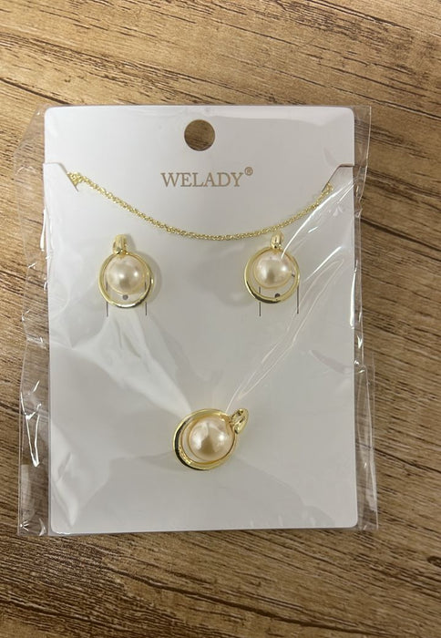 WELADY Gold-Tone Pendant Necklace & Stud Earrings Set with Faux Pearls