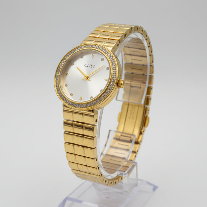 Gold-Tone Rhinestone Bezel Women’s Bracelet Watch with Light Dial