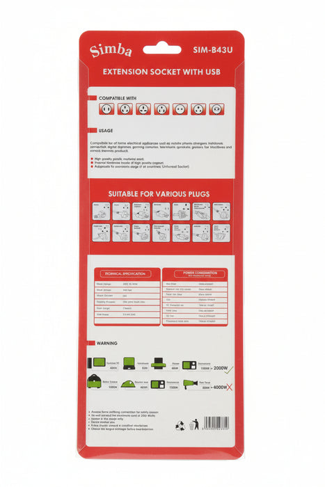 Simba Super Extension Socket SIM-B43U – 4 AC Outlets with 3 USB Charging Ports 3M