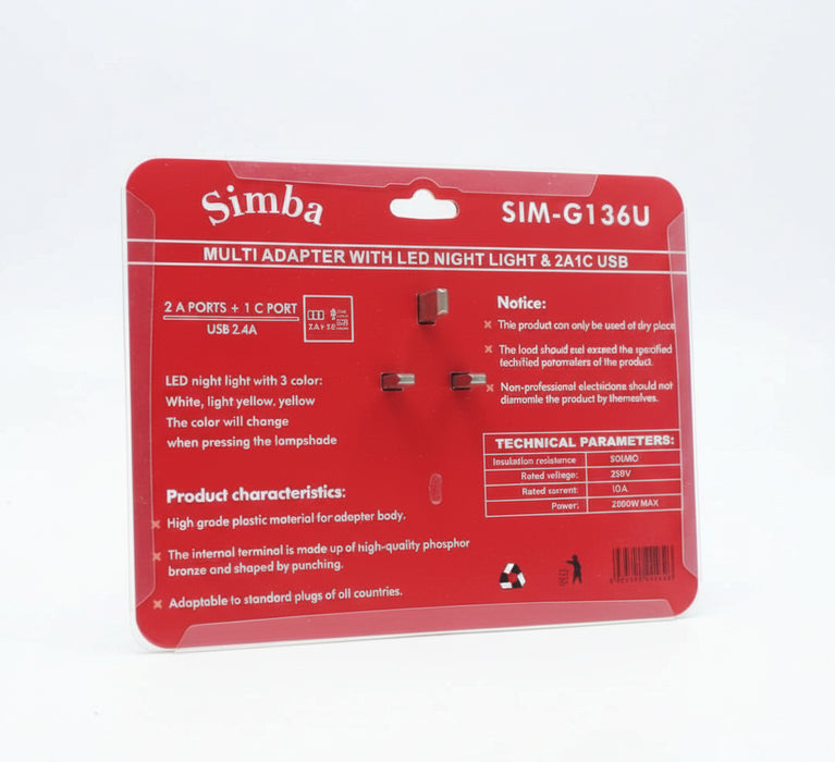 Simba SIM-G136U Multi-Adapter – Dual Universal Sockets with USB Ports & LED Night Light