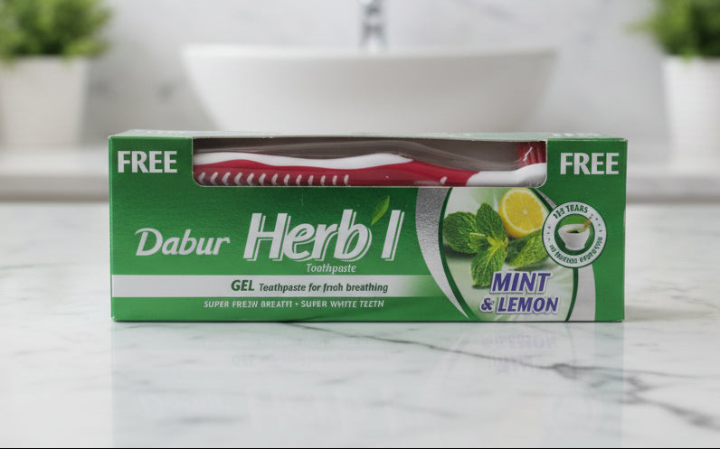 Dabur Herb’l Mint & Lemon Gel Toothpaste with Free Toothbrush