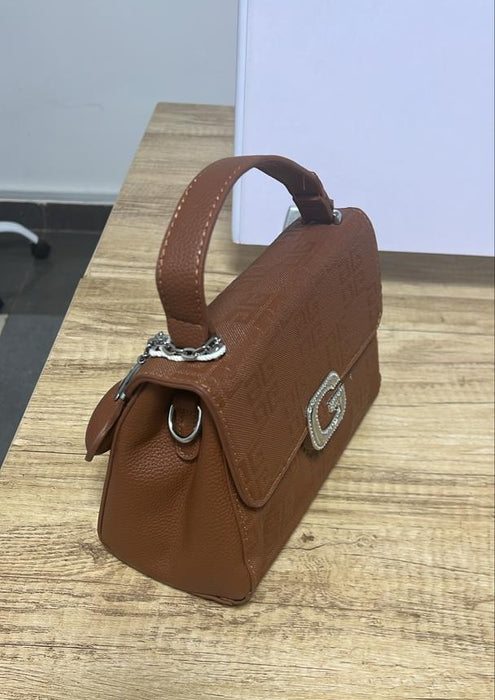 Brown Monogram Top-Handle Handbag with G Logo Clasp
