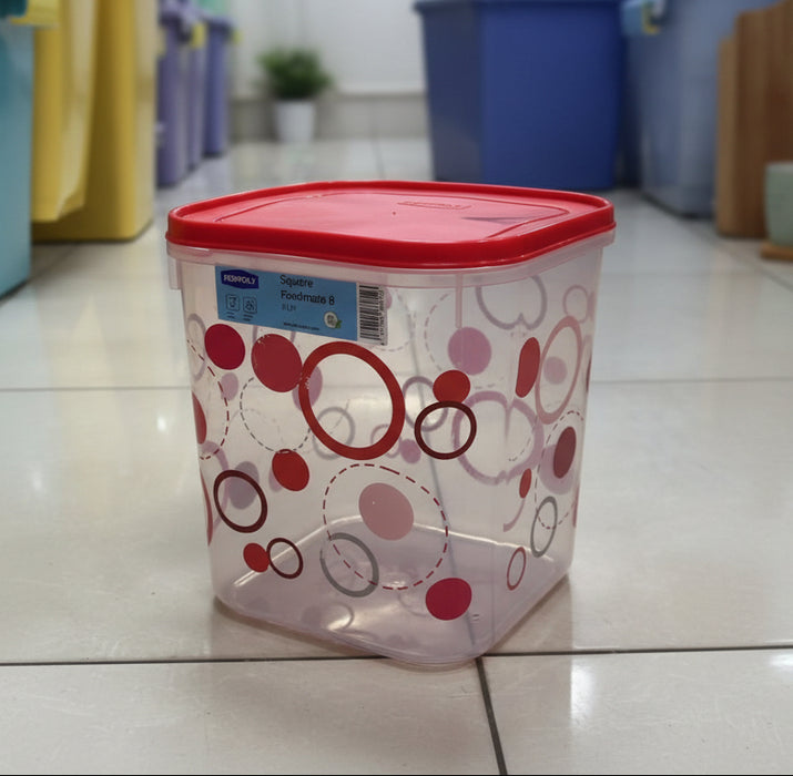 Kenpoly FoodMate Square Container – Clear Body with Red Lid and Pink & Red Circle Pattern 11 Liter