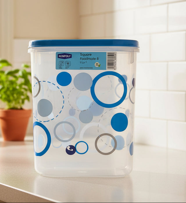 Kenpoly FoodMate Square Container – Clear Body with Red Lid and Pink & Red Circle Pattern 11 Liter