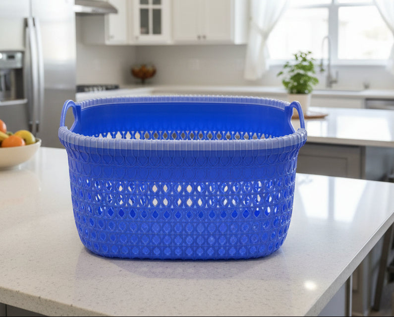 Small Blue Plastic Rattan-Style Storage Basket with Handles