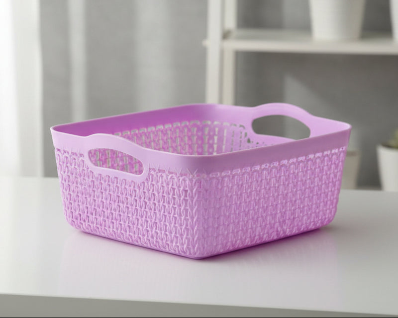 Pink Plastic Rectangular Storage Basket with Woven Rattan Design and Handles