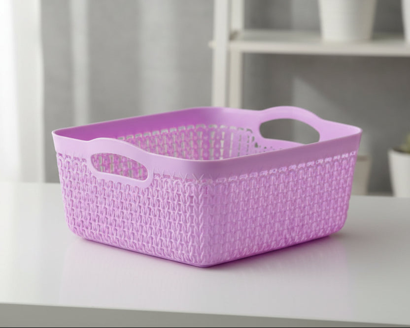 Pink Plastic Rectangular Storage Basket with Woven Rattan Design and Handles