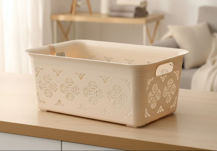 Plastic Storage Basket with Hollow Flower Cut-Outs and Side Handles