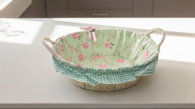 Pastel Green and Pink Floral Fabric-Lined Wicker Storage Basket